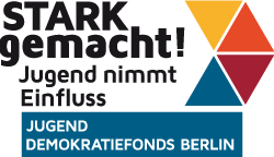 Logo von "stark gemacht" - Schrift: STARK gemacht! / Jugend nimmt Einfluss / Jugend Demokratiefonds Berlin